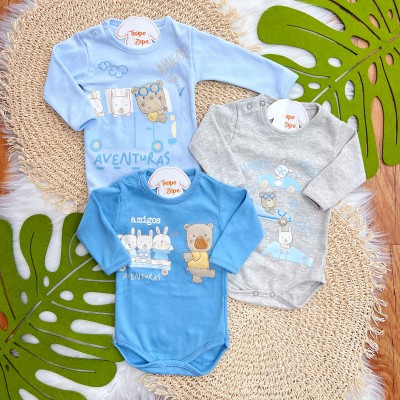 Kit 3 Peças - Bodys Manga Longa Amigos de Aventuras - Azul Jeans, Mescla e Azul Bebê